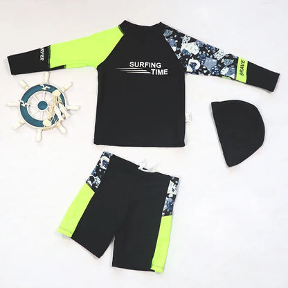 Toddler boys' UPF 50+ long sleeve swimsuit set with sun protection hat & swim shorts