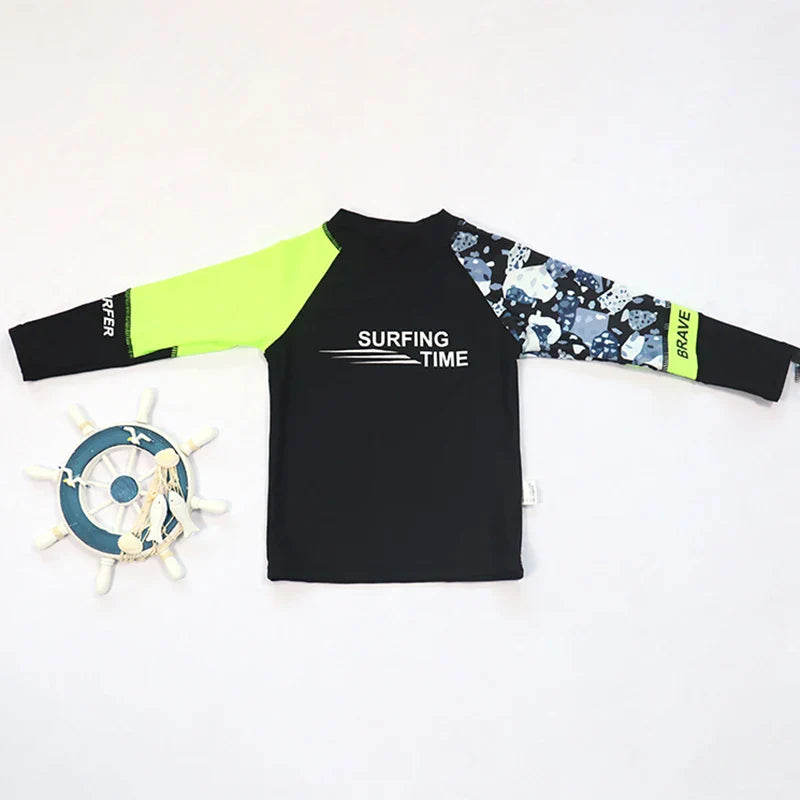 Boys' blue long sleeve rash guard and matching swim shorts with sun protective hat