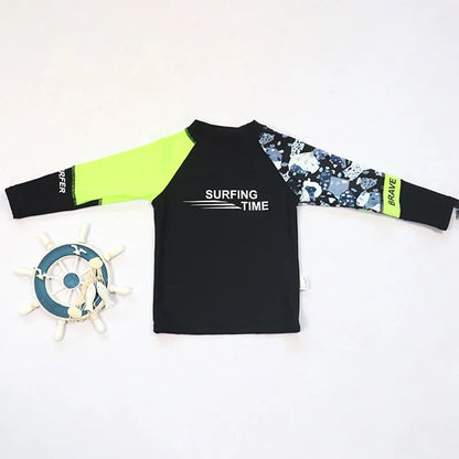 Boys' blue long sleeve rash guard and matching swim shorts with sun protective hat
