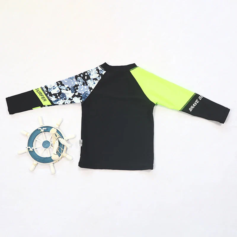 Kids' UPF 50+ swimwear set: long sleeve top, shorts, and hat for beach & pool