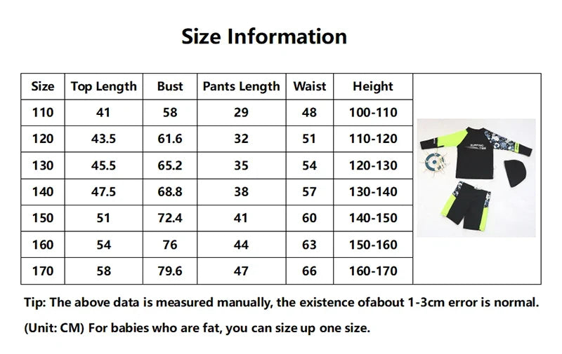 Boys' beach outfit: UPF 50+ long sleeve rash guard, swim shorts, and protective hat