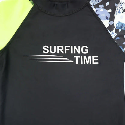 Toddler boys' swimwear: UPF 50+ long sleeve top, patterned shorts, and sun hat