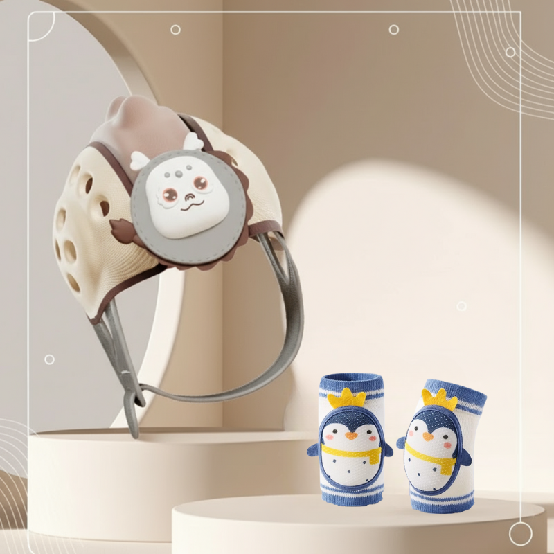 Cute baby wearing a yellow breathable head protector, ensuring safety during crawling and walking