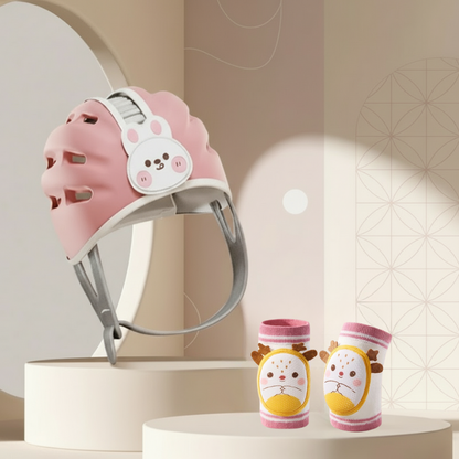 Top view of a child's protective headgear, breathable and adjustable for maximum infant safety
