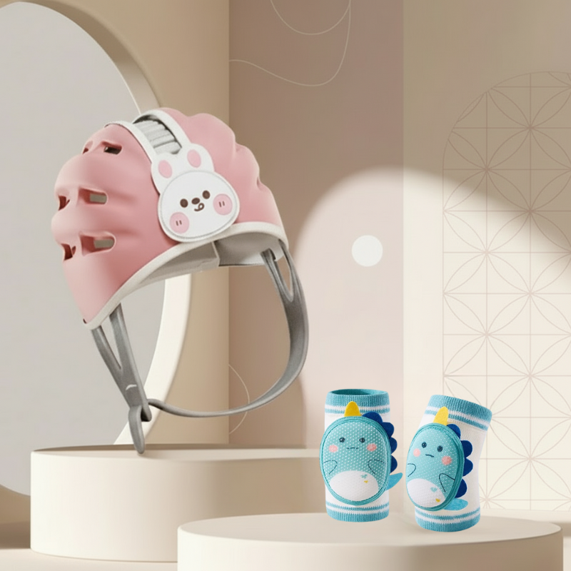 Package shot of the children's breathable head protector, highlighting adjustable fit and baby safety
