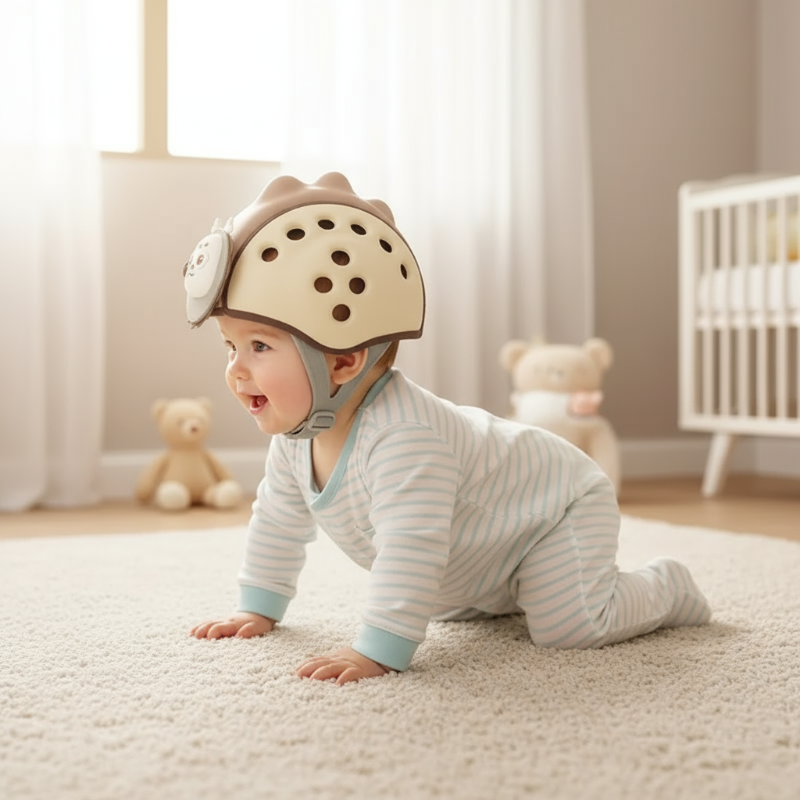 Close up of child's breathable safety helmet with adjustable fit, perfect for crawling and walking aid