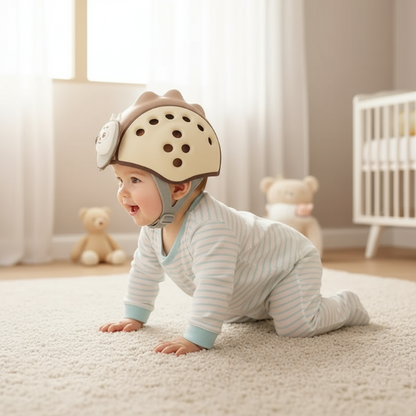 Close up of child's breathable safety helmet with adjustable fit, perfect for crawling and walking aid