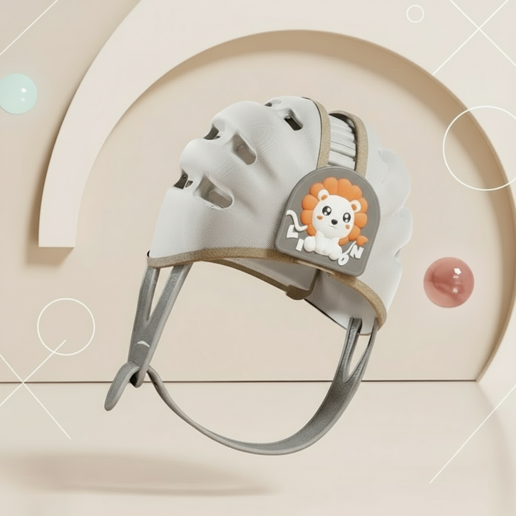 Front view of grey infant head protector, comfortable and lightweight protective gear for baby safety