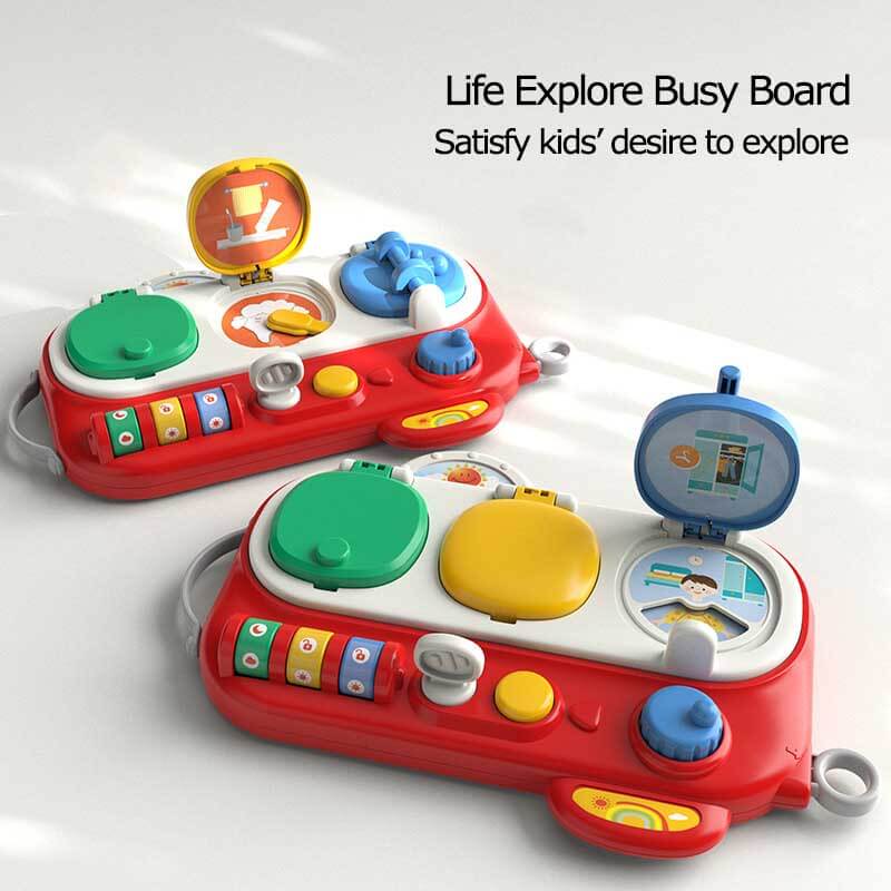Toddler busy board featuring latches & gears, promoting fine motor skills & early learning for preschoolers.