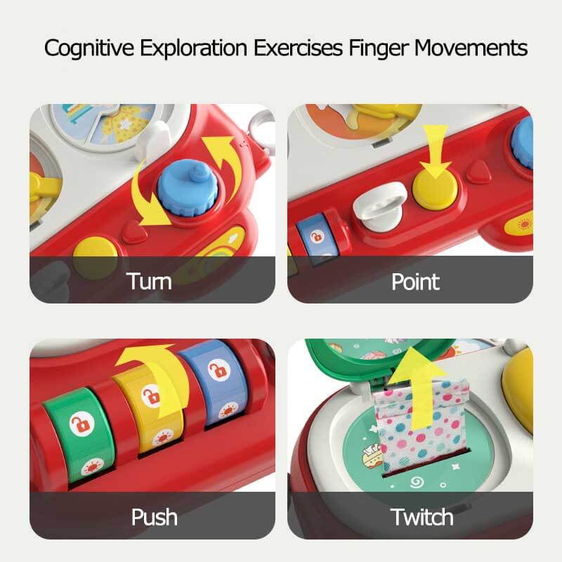 Interactive preschool activity toy: Wooden busy board with buckles & switches for toddler early learning.