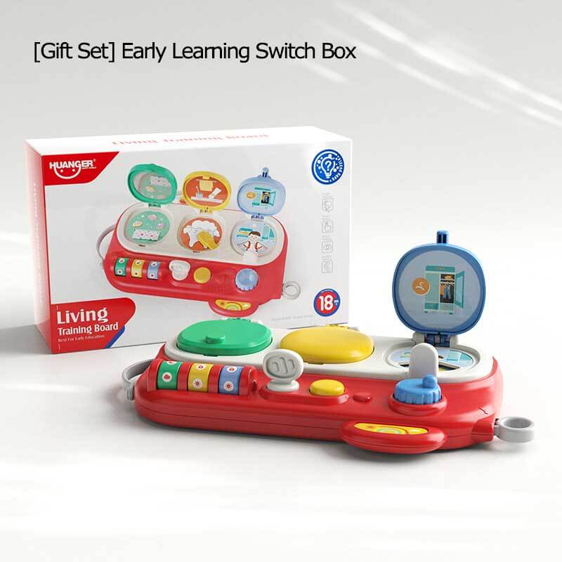 Child's hands engaging with a Life Explore busy board, an interactive toy for motor skills practice.