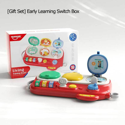 Child's hands engaging with a Life Explore busy board, an interactive toy for motor skills practice.