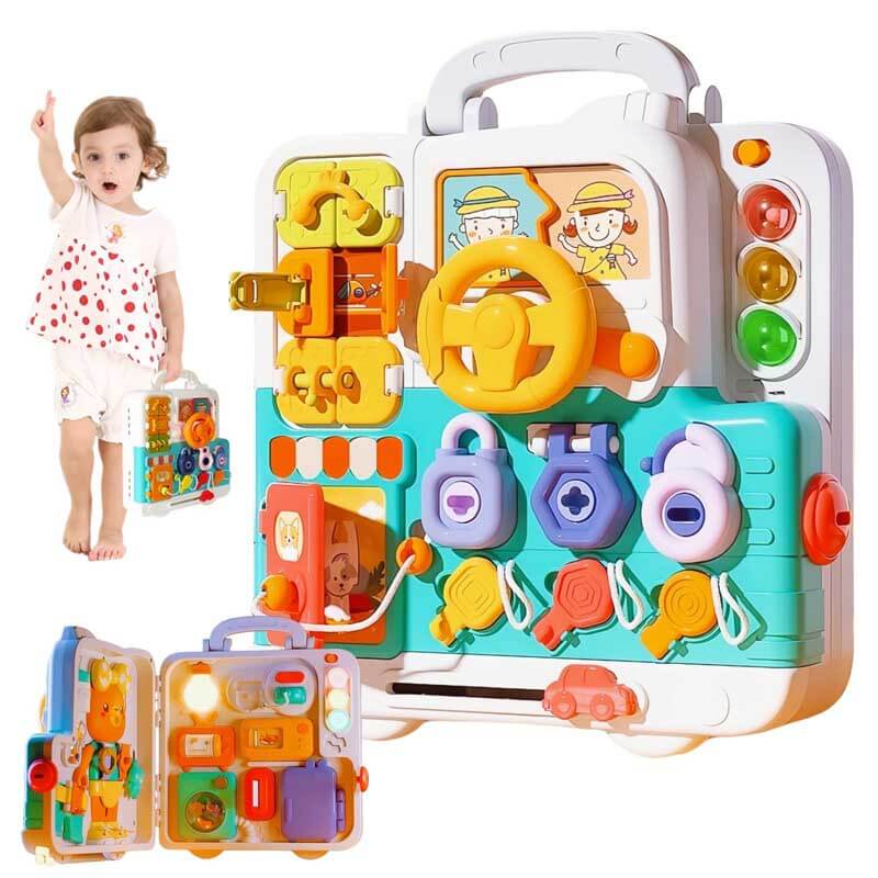 Toddler busy board with colorful latches and buckles for fine motor skill development, Montessori toy
