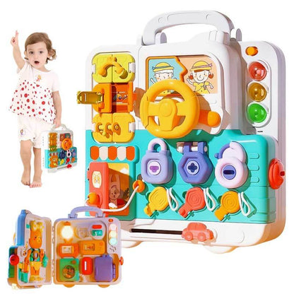 Toddler busy board with colorful latches and buckles for fine motor skill development, Montessori toy