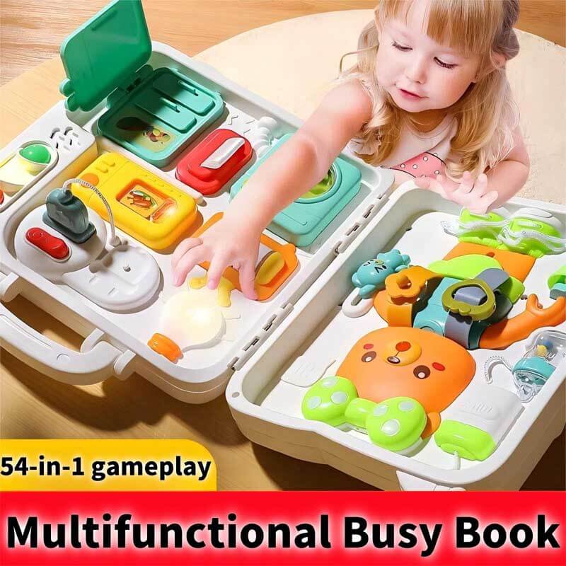 Montessori busy board featuring various activities like gears and a switch, perfect for toddler learning
