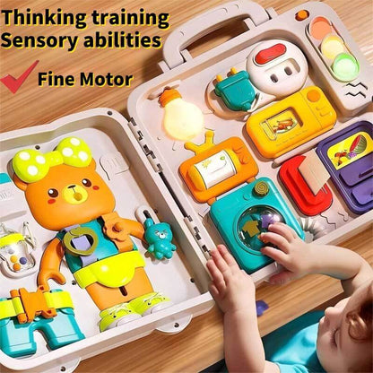 Educational busy board travel toy for 2-year-olds with bright colors and different textures