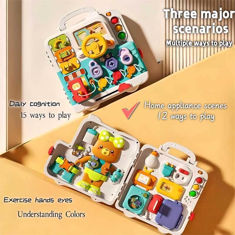 Child playing with a Toddler Activity Busy Board, developing fine motor skills and sensory recognition