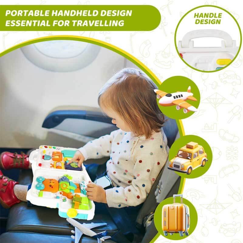 Top view of a comprehensive sensory activity busy board designed for young toddlers' educational play