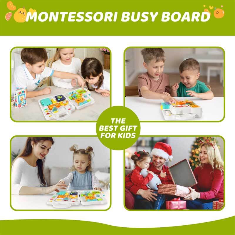 Happy toddler enthusiastically exploring a Montessori busy board, enhancing fine motor skills