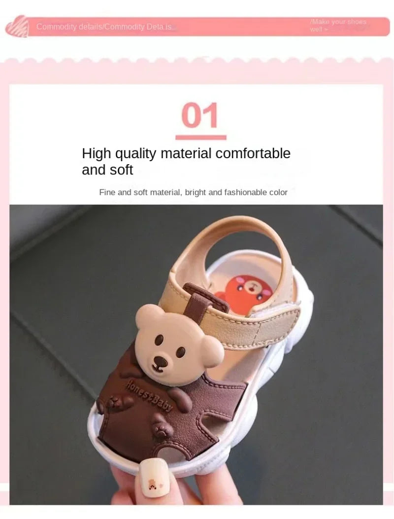 Close-up of the anti-slip sole on cartoon toddler sandals, ensuring safety for little walkers
