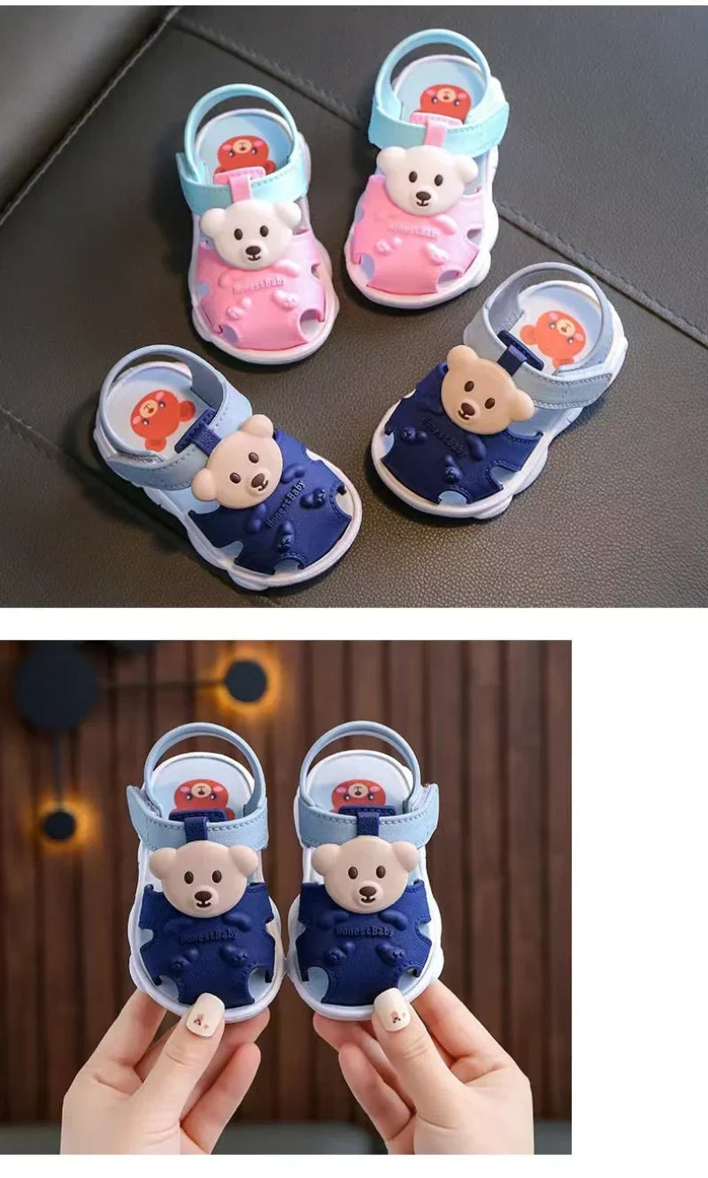 Group of toddler cartoon sandals in various bright colors, infant footwear for every outfit