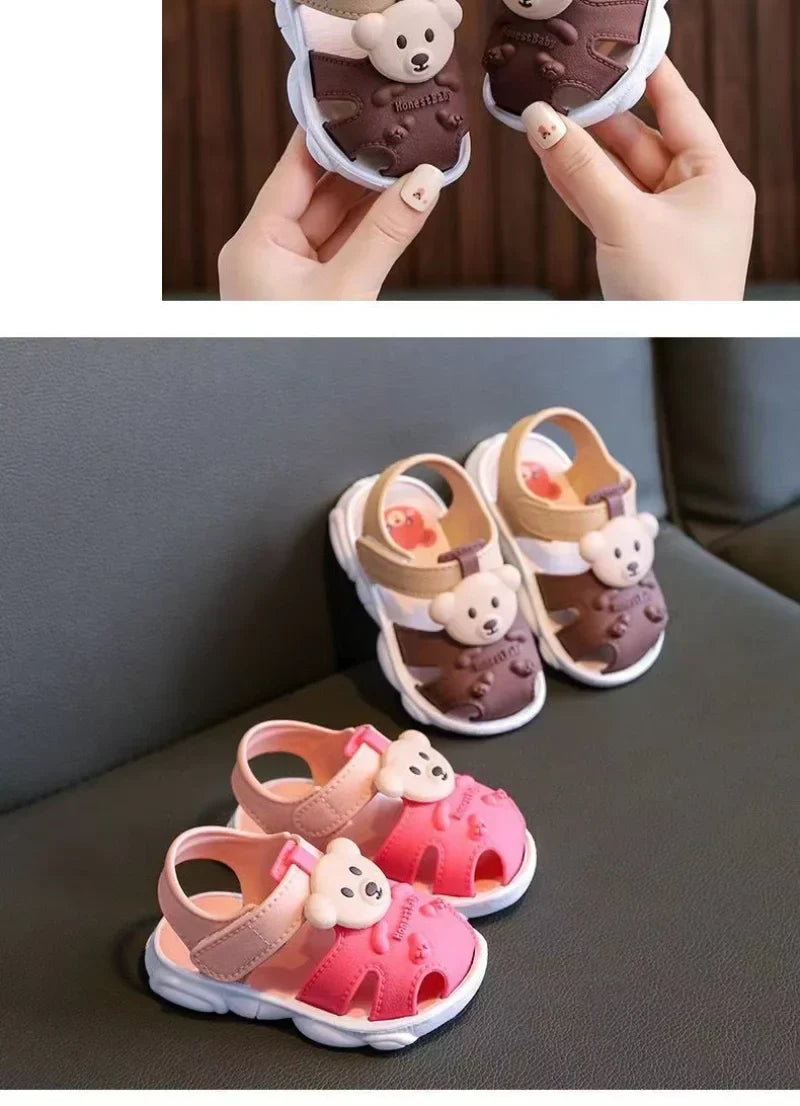 Cartoon beach sandals on a sandy surface, showcasing their quick-dry and durable design