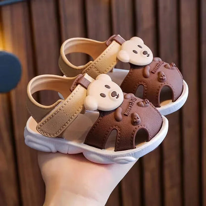 Close-up of vibrant cartoon toddler sandals, perfect for baby beach shoes and summer fun