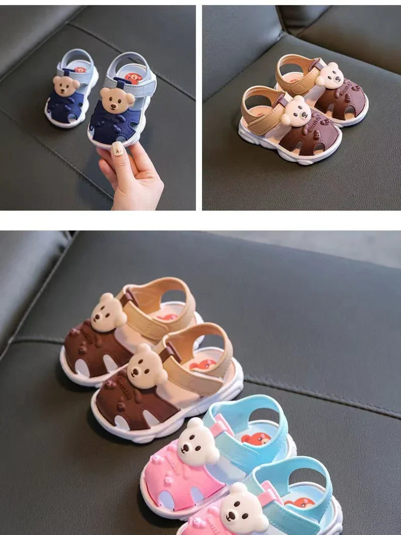 Happy toddler splashing in water, wearing secure and quick-dry cartoon beach sandals