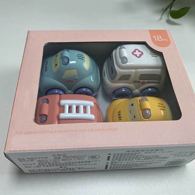 Educational toddler toy, cartoon car set with lights & sounds, promotes interactive vehicle play