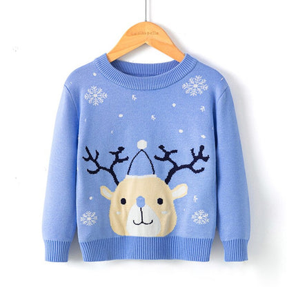 Cartoon reindeer design on a child's green long sleeve Christmas sweater