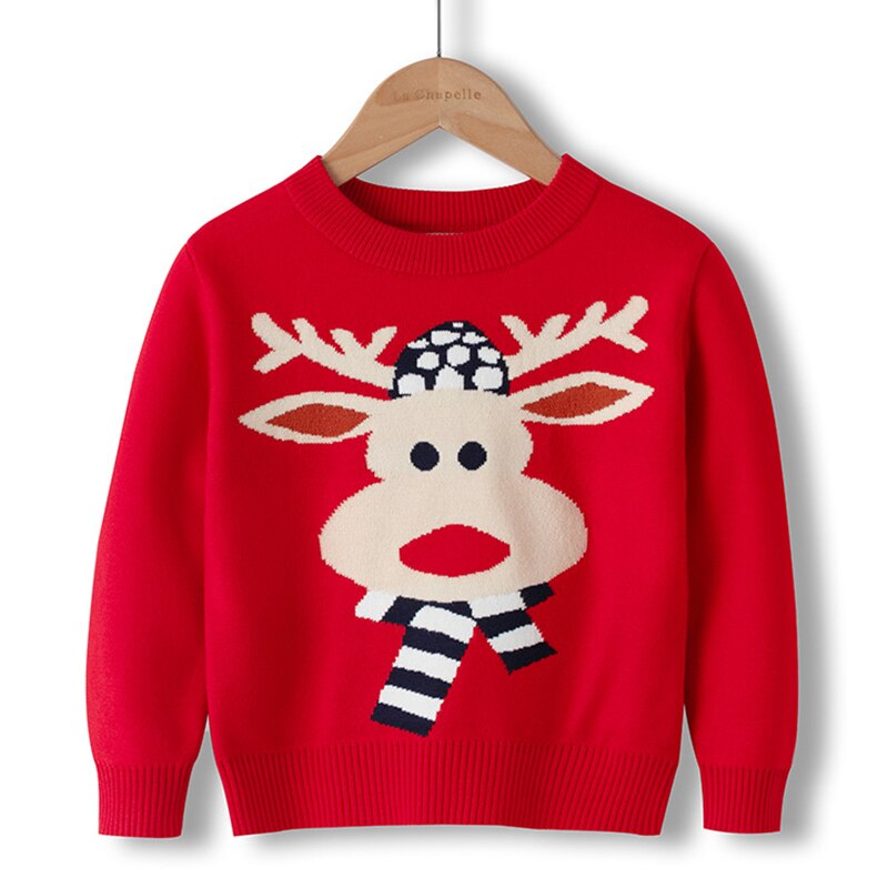 Kids reindeer Christmas sweater paired with festive accessories, holiday photo