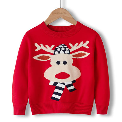 Kids reindeer Christmas sweater paired with festive accessories, holiday photo