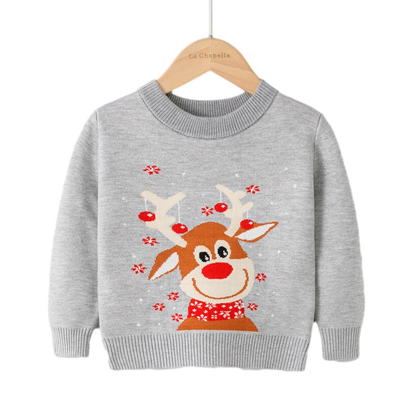 Kids reindeer sweater displayed on a hanger, unisex holiday knitwear fashion