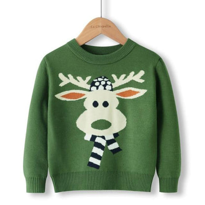 Close-up of a festive reindeer knitwear pattern on a kids Christmas sweater