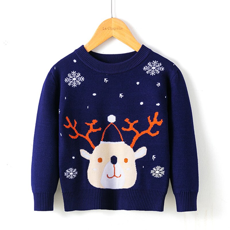 Front view of a blue kids reindeer Christmas knitwear sweater with long sleeves