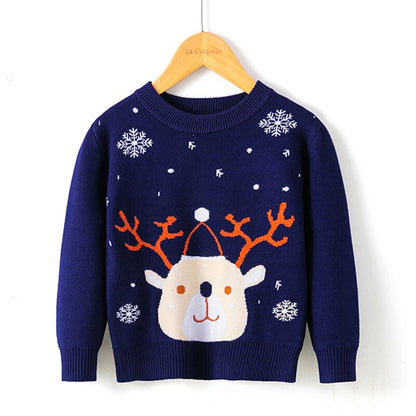 Front view of a blue kids reindeer Christmas knitwear sweater with long sleeves