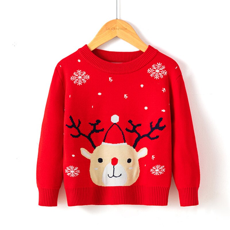 Side profile of a kids holiday reindeer sweater, comfortable cotton viscose