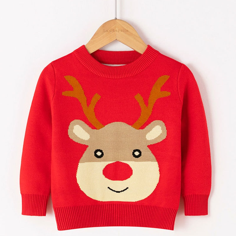 Detail of the knit texture on a unisex Christmas reindeer sweater for children
