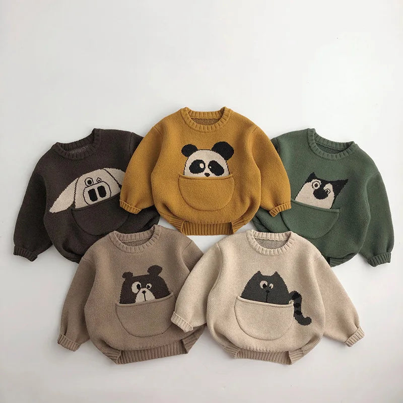 Toddler cotton animal print sweater with pouch pocket for unisex kids, warm fall fashion.