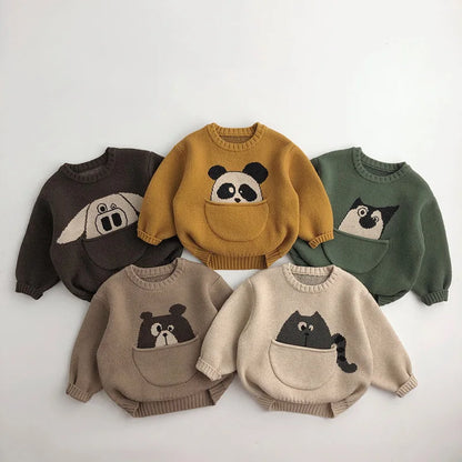Toddler cotton animal print sweater with pouch pocket for unisex kids, warm fall fashion.