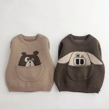 Childrens animal print cotton sweater with front pouch pocket, perfect for spring wear.