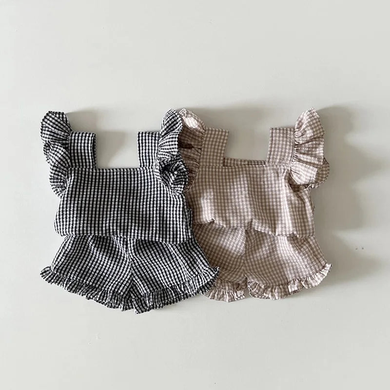 Toddler cotton summer set: blue square neck sleeveless top and pull-on shorts