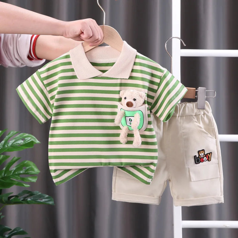 Toddler cotton striped t-shirt and shorts set for boys and girls, perfect summer play clothes.