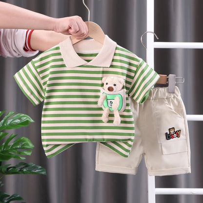 Toddler cotton striped t-shirt and shorts set for boys and girls, perfect summer play clothes.