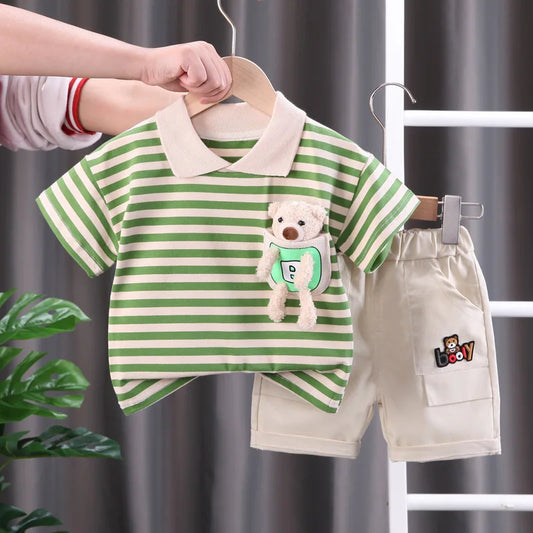 Toddler cotton striped t-shirt and shorts set for boys and girls, perfect summer play clothes.