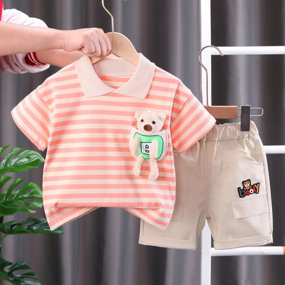 Comfortable kids' striped cotton t-shirt and matching shorts set, ideal toddler summer wear.