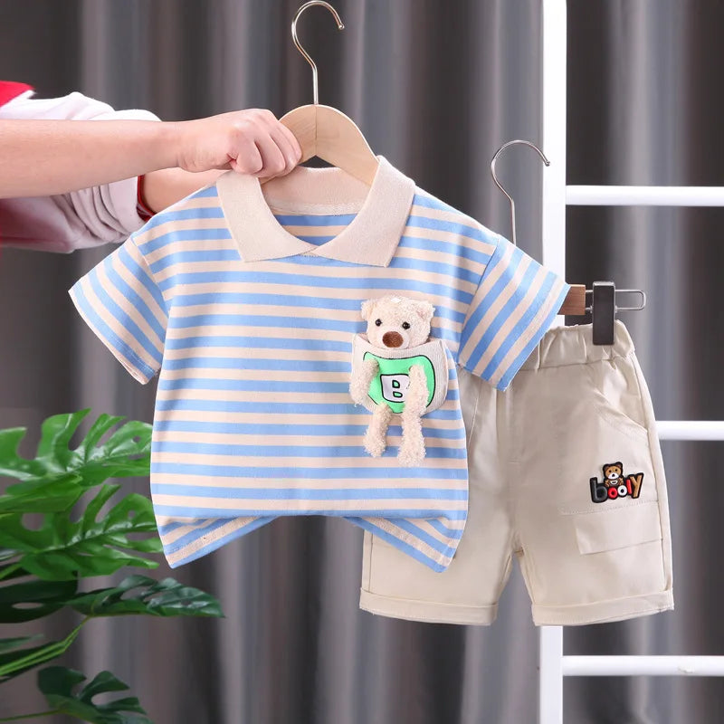 Full view of a kids' striped cotton shorts set laid flat, versatile toddler outfit.