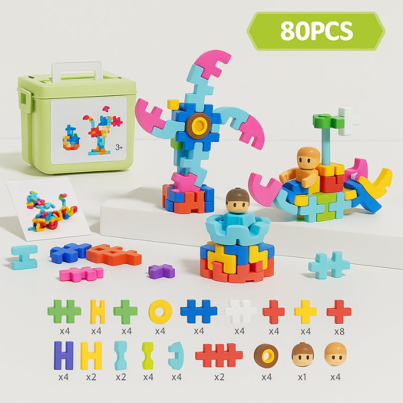 Overhead view of various structures built with Toddler Creative Building Blocks, encouraging creative play