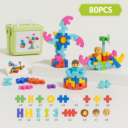 Overhead view of various structures built with Toddler Creative Building Blocks, encouraging creative play