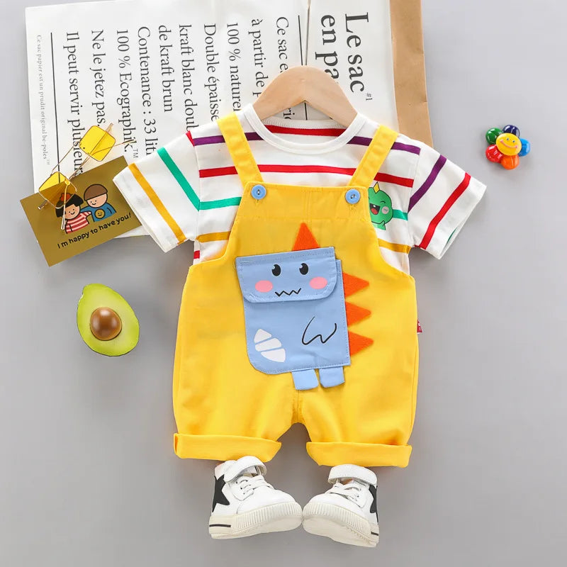 Toddler dino print summer t-shirt and short overalls set for boys and girls, cotton playwear.